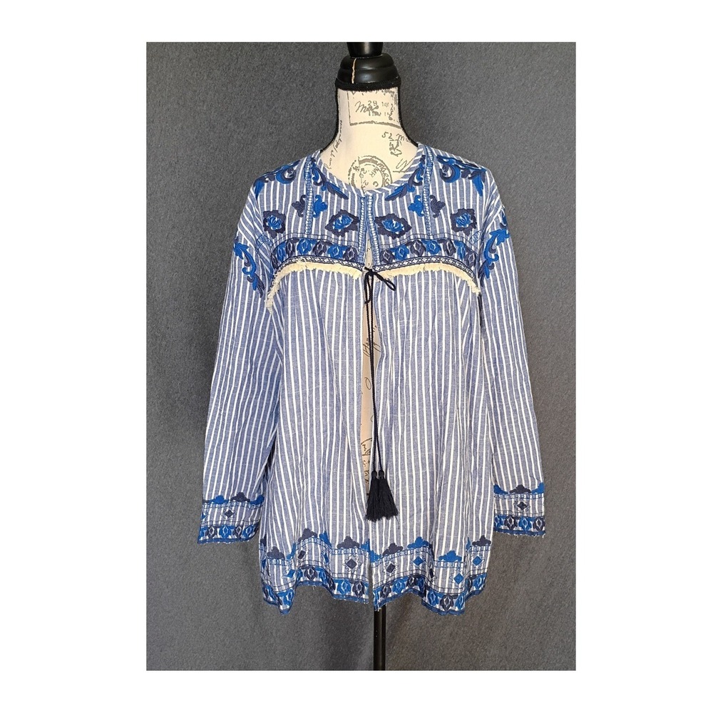 Velzera Women Blue Striped Embroidered Tassel Tie Open Front Jacket Top 1XL Boho